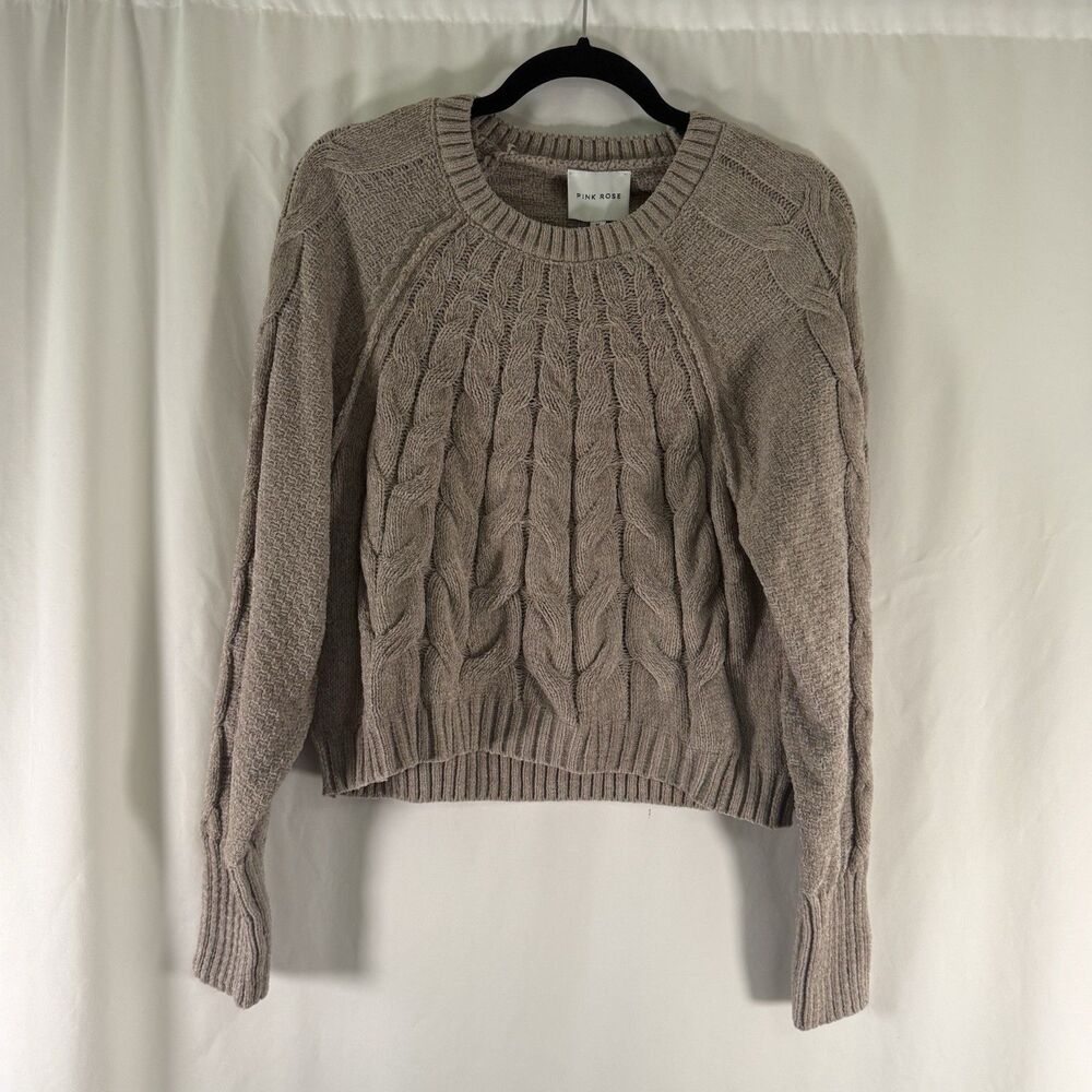 New Pink Rose Chenille Cable Knit Sweater Women's Medium Tan Brown Cropped